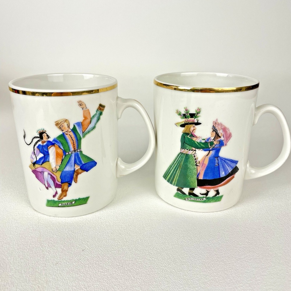 Pair Favolina Poland Folk Dance Porcelain Coffee Cup Mazur Kujawiak Gold Rim VTG